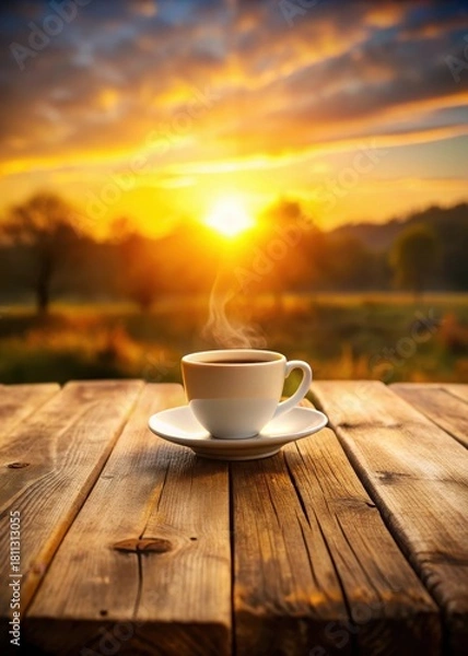 Obraz A coffee cup sits on a rustic wooden counter top as warm sunlight casts a golden glow behind it