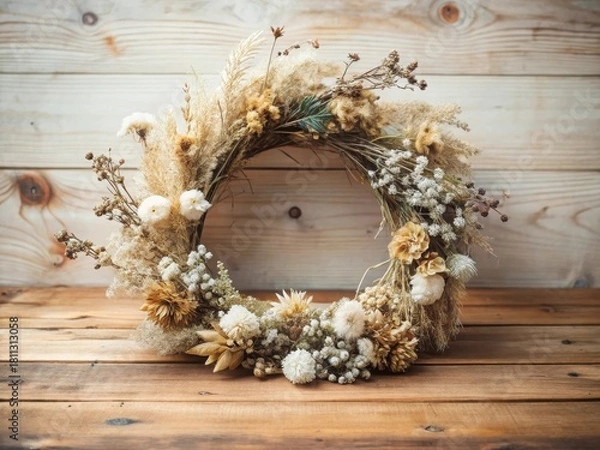 Obraz Dried floral wreath on a minimalist wooden table