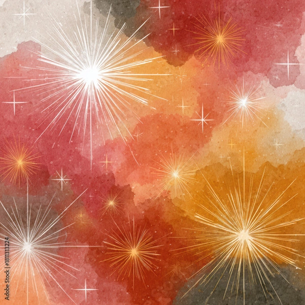 Obraz Watercolor background with bright star bursts in warm red, orange, and beige tones creating festive and glowing atmosphere full of light and celebration