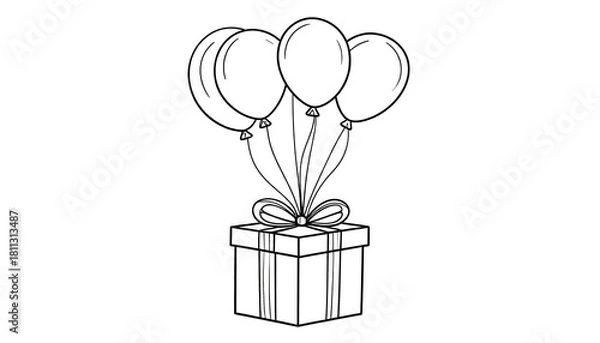 Fototapeta Gift box with balloons, simple line drawing for celebration.