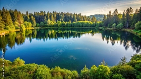 Obraz Minimalistic circular landscape with serene lake and surrounding trees in a natural setting