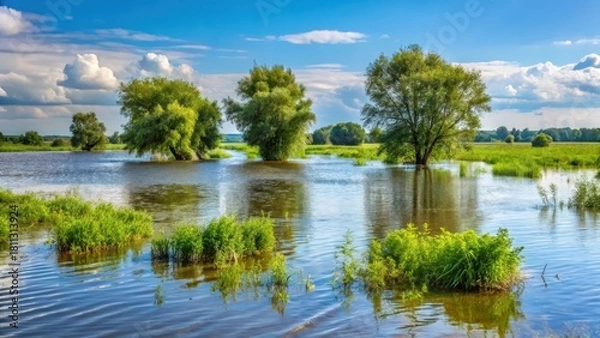 Obraz Overgrown vegetation sways in the current of a flooded field