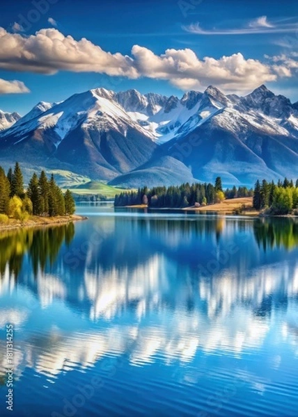Obraz Panoramic mountain vista with snow-capped peaks and serene lake in the distance