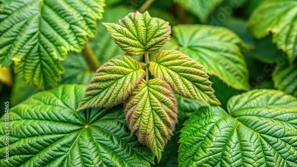 Obraz Fresh green raspberry leaves with tiny brown spots and veins on the stem of a mature bush in summer