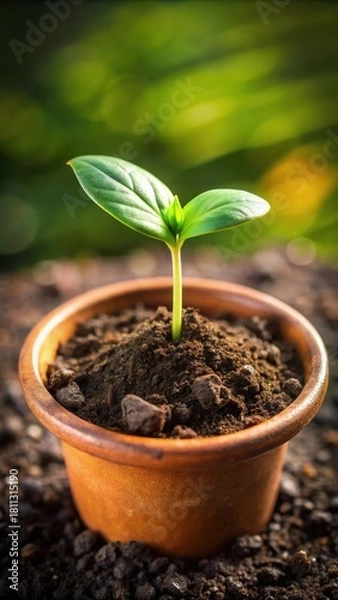 Obraz Green seedling emerging from a coin mold with soil and growing in a pot