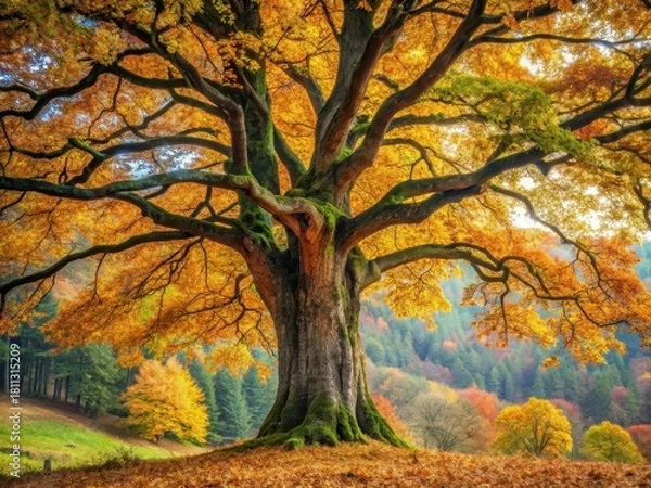 Obraz Deciduous tree with rugged bark and sprawling canopy in autumn landscape