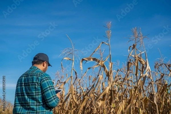Fototapeta Farmer using a tablet to analyze crops in a dry cornfield on a bright day, representing digital transformation in agriculture and smart farm management.