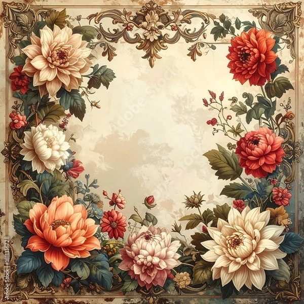 Fototapeta Ornate floral border frames antique textured background with ornate detailing.