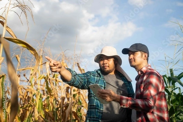 Fototapeta Two men checking farming data on a tablet in a cornfield, showing modern agricultural cooperation and technology-based productivity.