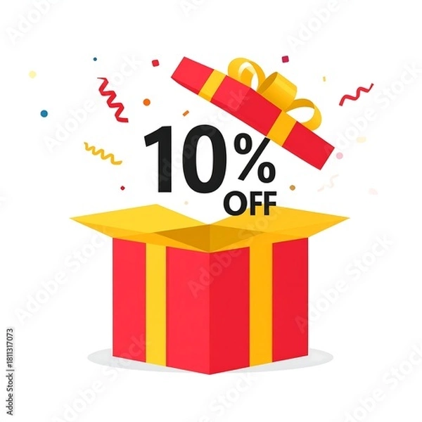 Fototapeta Ten percent discount emerges from an opened red gift box with confetti.