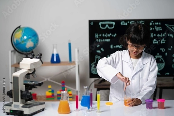 Fototapeta A young girl wearing glasses and a lab coat carefully stirs a bright orange solution. Surrounded by flasks of colorful liquids, she focuses on her chemical mixing process in the science lab.