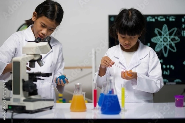 Fototapeta Two girls collaborate in the lab; one pipettes liquid, the other holds blue slime. Their teamwork reflects shared excitement in exploring science and chemical reactions.