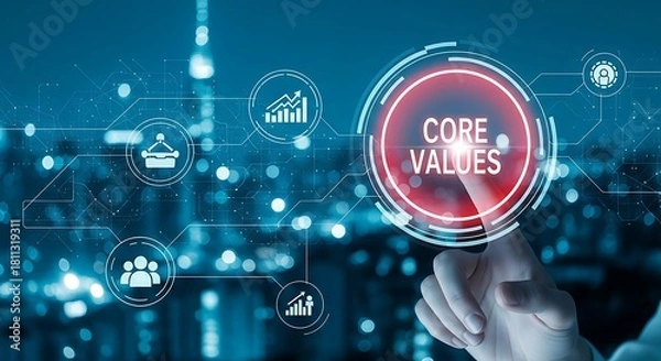 Fototapeta Finger touching a glowing red circle with the words core values inside, surrounded by digital icons and a blurred cityscape background