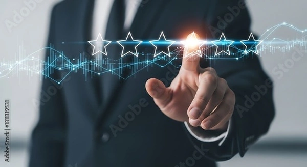 Fototapeta Businessman touching a glowing fivestar rating system on a futuristic interface, representing customer satisfaction and service excellence