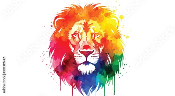 Fototapeta A majestic flat 2D lion head silhouette is vividly painted with colorful flowing watercolor textures standing out dramatically against a pure white background.