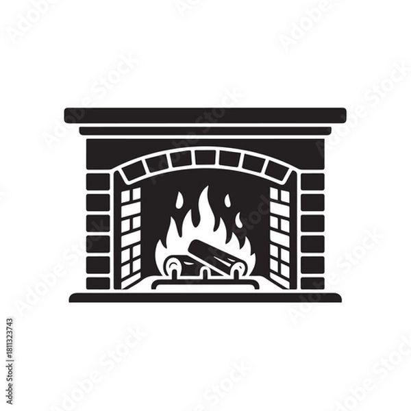 Fototapeta Black and white illustration of a fireplace with burning logs