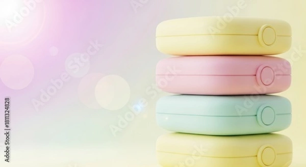 Fototapeta Stack of pastel colored round containers arranged vertically against a soft dreamy and brightly lit background