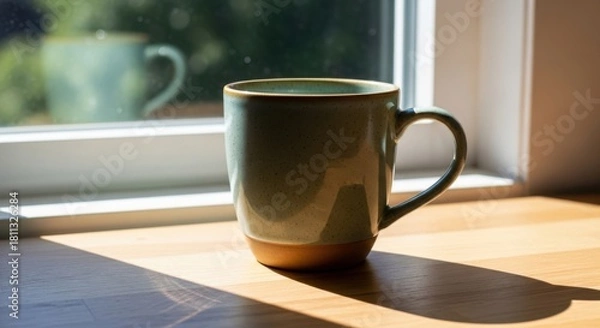 Obraz A tall olive green ceramic mug with a tan base sits on a wooden surface by a sunlit window
