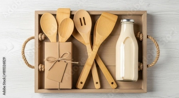 Obraz Natural wooden kitchen utensils and a bottle of milk arranged in a rustic tray on a white wooden surface