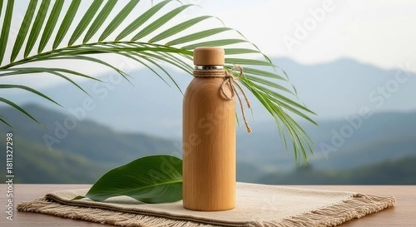 Obraz Eco friendly copper water bottle stands tall amidst lush green foliage with a serene mountain backdrop