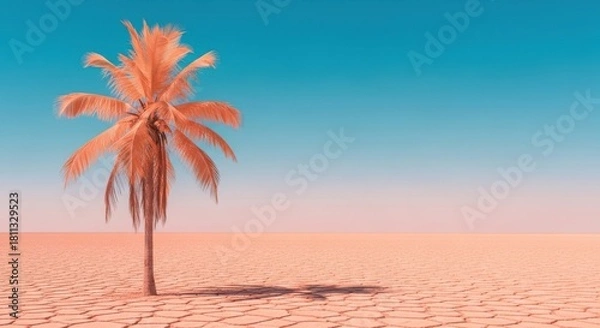 Obraz A solitary sun drenched palm tree casts a long shadow across a dry cracked desert landscape under a clear blue sky