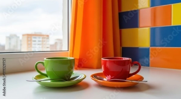 Obraz Two colorful coffee cups sit on a windowsill with bright curtains and a city view outside