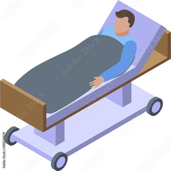 Obraz Man Lying On A Hospital Bed Under A Grey Blanket In A Medical Facility With Light Blue Sheets And Wooden Headrest And Wheels