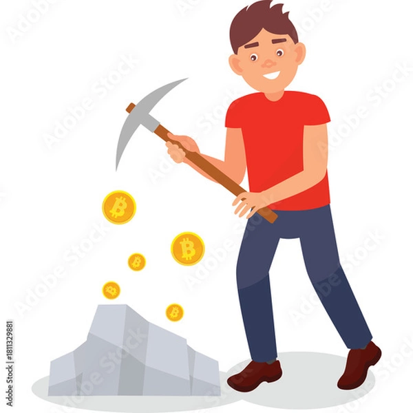 Obraz Man Mining Cryptocurrency with Pickaxe Surrounded by Bitcoin Symbols and Rocks on White Background