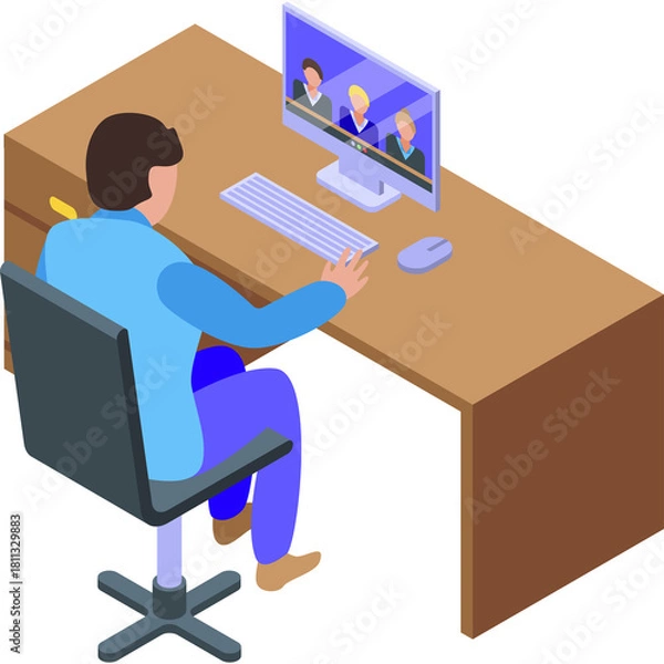 Obraz Man participating in a video conference meeting from a home office desk with a computer screen showing colleagues on a white transparent background