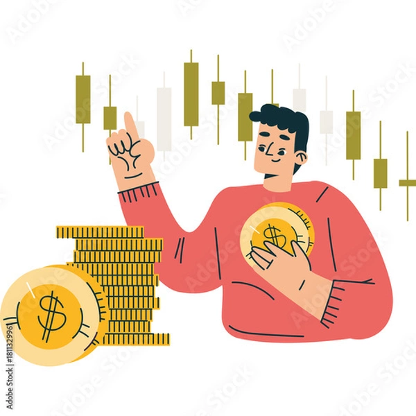 Obraz Man points to stock market graph holding gold coin with dollar symbol and stack of coins beside him in a flat design style illustration with transparent background