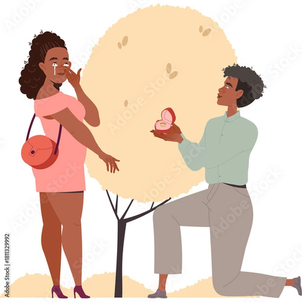 Obraz Man Proposes To Woman With Ring In A Box Beside A Large Tree With A Transparent Background