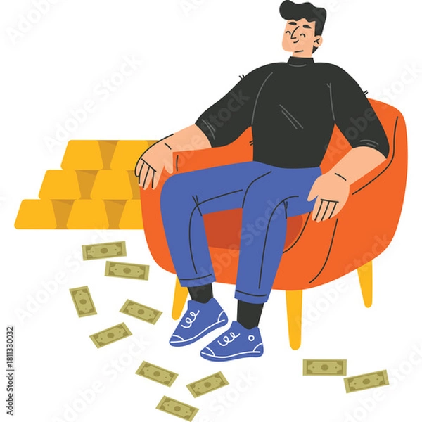 Obraz Man Relaxing on Orange Armchair Surrounded by Gold Bars and Scattered Dollar Bills on a Transparent Background