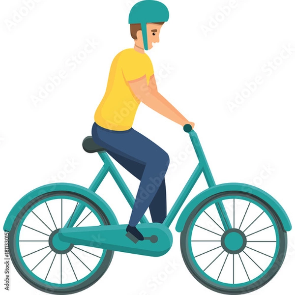 Obraz Man Riding A Bicycle Wearing Yellow T-shirt Blue Jeans and Teal Helmet with Teal Bicycle on a Transparent Background Illustration Style