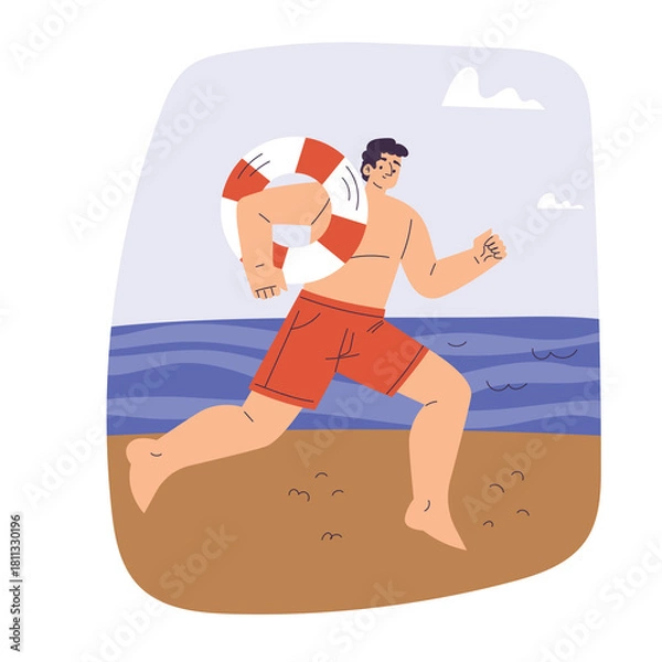 Obraz Man Running With Lifebuoy On Beach With Ocean Waves And Cloudy Sky During Daytime