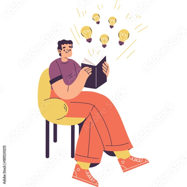 Obraz Man Sits On A Chair Reading A Book With Ideas Appearing As Lightbulbs Above His Head symbolizing innovation and inspiration