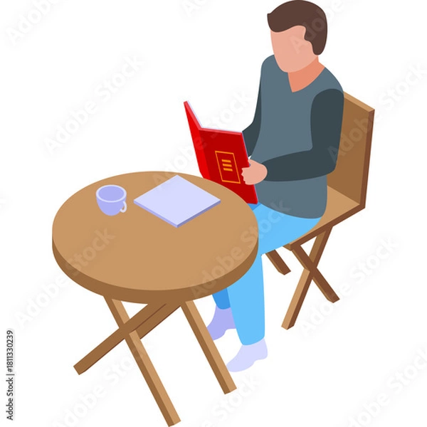 Obraz Man Sitting at a Round Wooden Table Reading a Red Book with a Cup and Paper on Transparent Background