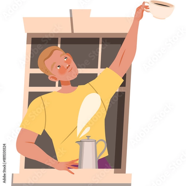 Obraz Man In Yellow T-shirt Holds Up Cup Of Coffee Over Steam From Coffee Pot While Looking Upwards Through Window Frame With Soft Light