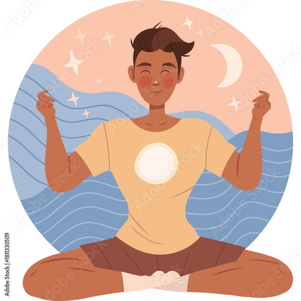 Obraz Man Meditating Calmly In Lotus Pose Under A Crescent Moon And Stars With Gentle Waves In The Background In Pastel Colors