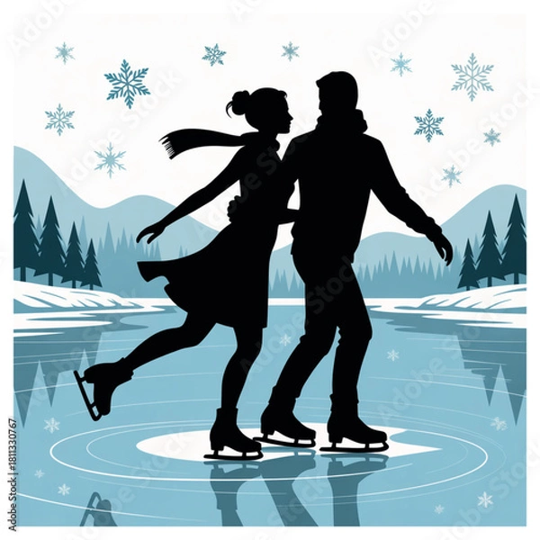 Fototapeta Couple ice skating on a frozen lake with snowflakes and mountains