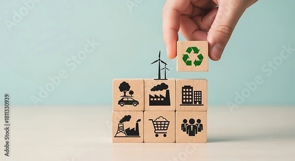 Fototapeta Hand placing a recycling symbol cube on top of blocks with ecofriendly icons, representing sustainability and green energy