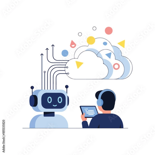 Obraz An illustration depicting a robot connected to a cloud, with a person using a tablet.