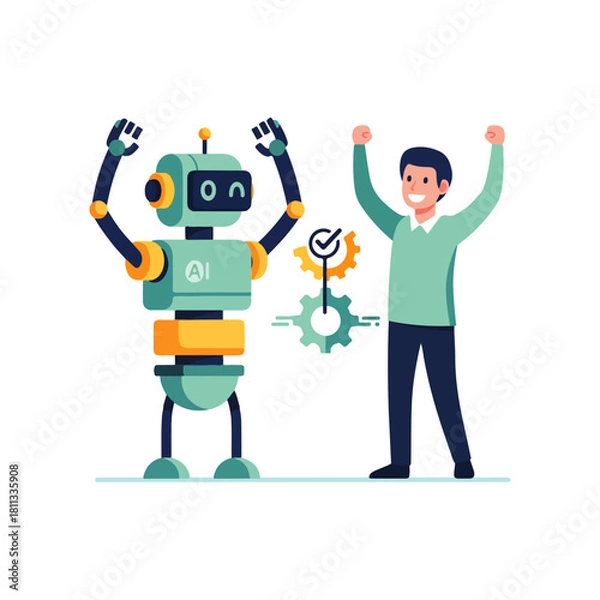 Obraz Robot and human celebrating success with gears and checkmark, AI concept.