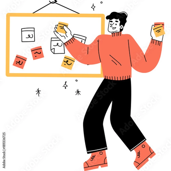 Obraz Man in Orange Sweater and Black Pants Placing Sticky Notes on a Whiteboard with Yellow Frame and Simple Drawings Featuring a Transparent Background Ideal for Presentations and Planning