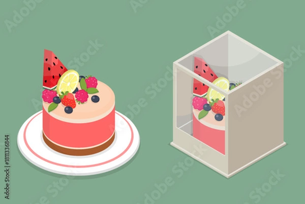 Fototapeta Fruit cake packed in a box with a transparent lid and a cake on a plate. Flat Isometric illustration bright yummy dessert.