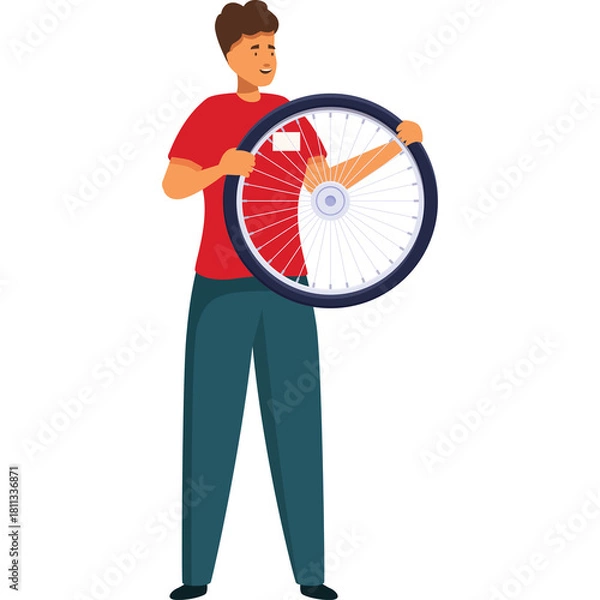 Obraz Man in Red Shirt and Blue Pants Holding a Bicycle Wheel with Red and White Spokes Against a White Background