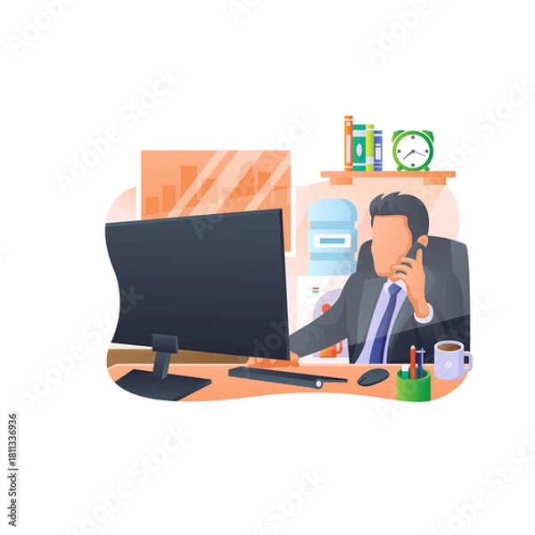Obraz Man in Suit Talking on Phone at Desk with Computer and Office Supplies on Transparent Background