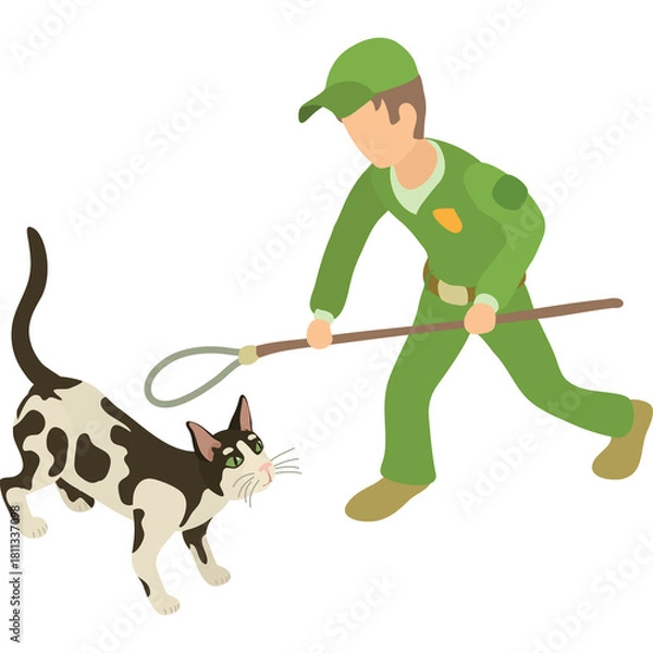 Obraz Man in Green Uniform Catches Black and White Cat with Net on Transparent Background