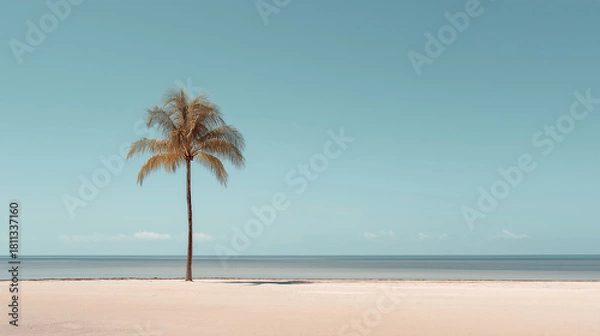 Fototapeta A single slender palm tree standing tall on an empty minimalist beach.