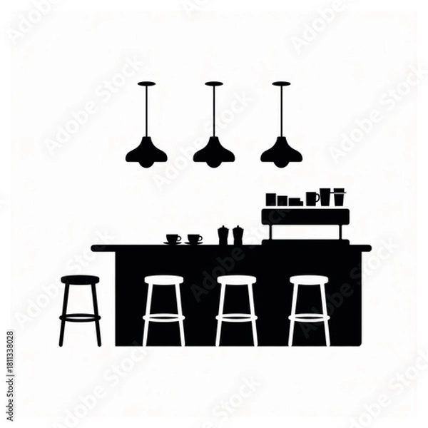 Fototapeta Silhouette of a coffee bar with stools and pendant lights