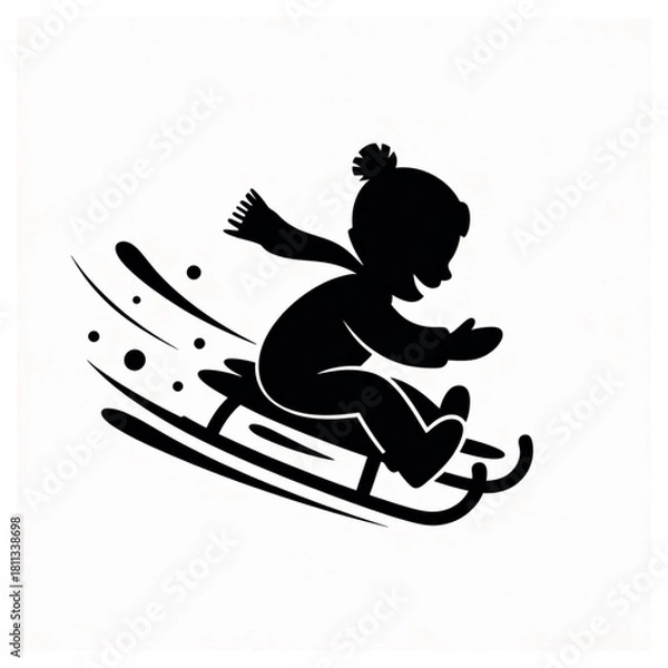 Fototapeta Silhouette of a child sledding down a snowy hill